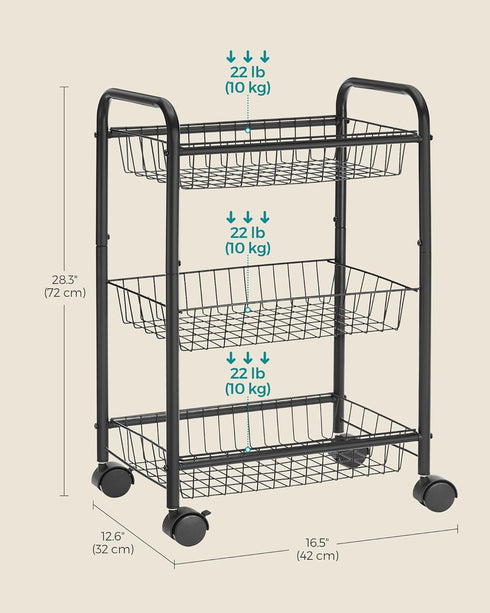 SONGMICS 3-Tier Metal Rolling Cart with Baskets, Lockable Utility Trolley on Wheels for Kitchen Bathroom Closet, Black