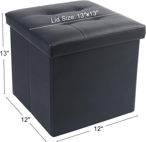 LotFancy Foldable Storage Ottoman, Small Leather Bench with Storage, 13x12x12 Inches, Holds up to 260 lb, Black