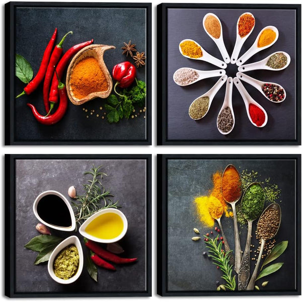 Pyradecor Black Framed Wall Art 4 Pieces Colorful Spices and Spoon Vintage