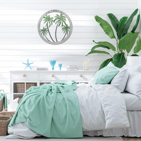 Zhengmy Metal Palm Tree Wall Art Decor - Tropical Hanging Decor for Garden Home Patio Supplies (12'' Green Silver)