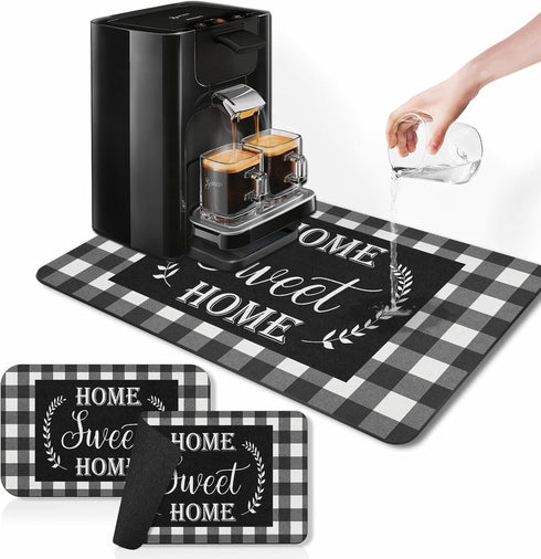 Coffee Mat for Countertops, 2 Pcs Black White Grey Buffalo Grid Dish Drying Mat for Kitchen Coffee Bar Accessories