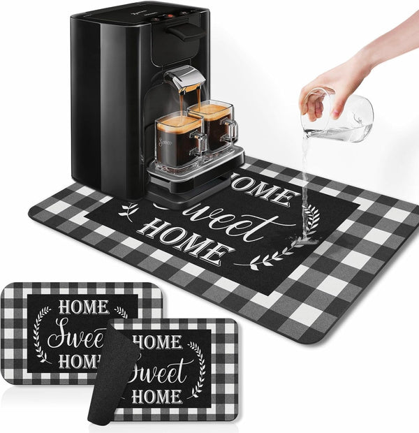 Coffee Mat for Countertops, 2 Pcs Black White Grey Buffalo Grid Dish Drying Mat for Kitchen Coffee Bar Accessories