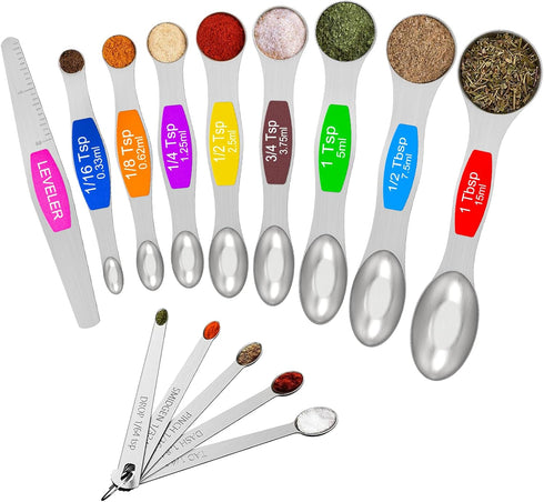 Wildone 14 Piece Stainless Steel Measuring Spoons Set, Includes 8 Double Sided Magnetic, 1 Leveler and 5 Mini