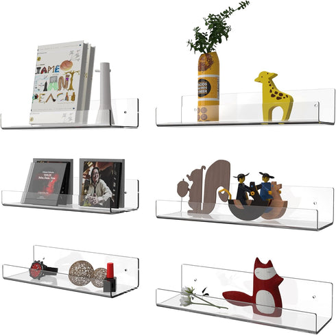 Mavachou 15 inch Display,6pcs 5MM Clear Acrylic Floating Wall Ledge Shelf Wall Mounted Nursery Kids Bookshelf Invisible