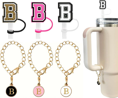 (3 +3) 3PCS Nuozme Straw Cover 10mm for Stanley Tumbler Cup, Reusable Straw Cap Topper with 3 Initial Letter Charms,