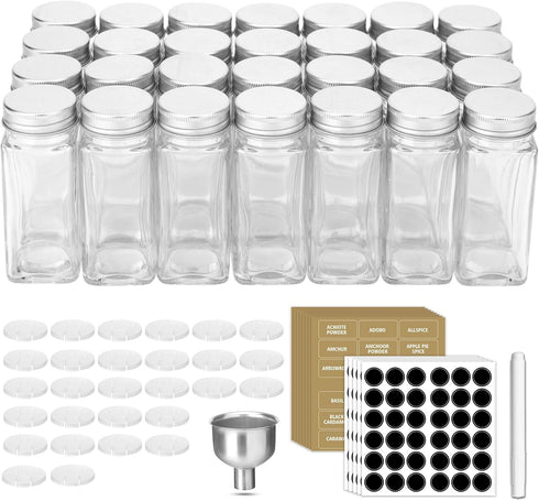 28 Jars,3.5 oz 324 Antimbee Pcs Clear Glass Spice Glass spice jar with labels, Funnel,Chalk Pen,Shaker Lids
