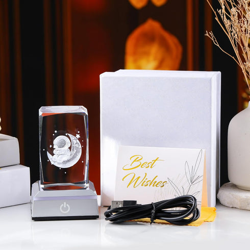 Movdyka Laser Etched Astronaut on Moon Crystal Cube with Color-Changing LED Base - Unique Space Decor, Romantic Night