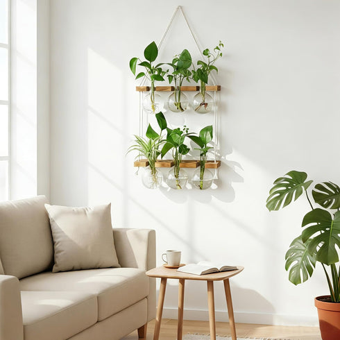 2 6 Bulb Renmxj Plant Propagation Station Wall Hanging, Plant Terrarium with Tiered Wooden Stand for Hydroponics