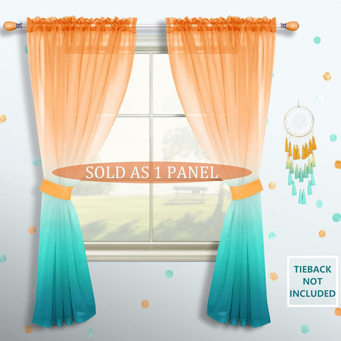 Orange and Green Curtains, 63 Inch Length for Bedroom Decor, 1 Panel Pocket Window Sheer Drape, 52x63 Long