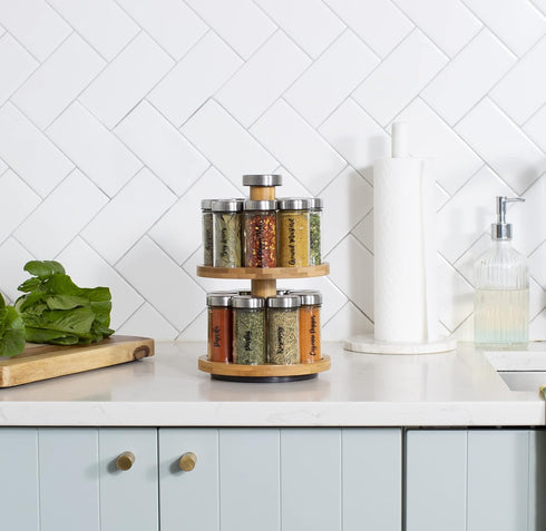 Orii 16 Jar Spice Rack with Included Spices - Rotating 2 Tier Bamboo Wood Countertop Organizer for Kitchen