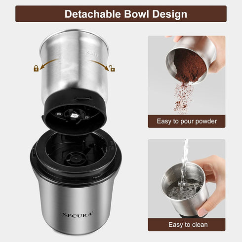 Secura Electric Coffee Grinder and Spice Grinder with Removable Bowls, Dry Grinding