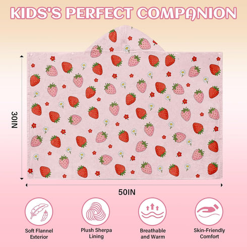 JOPJOLIW 30" 50", Cozy Strawberry Hooded Towel for Kids,Cute Pink Hooded Blanket for Toddlers X Warm Wearable Bath