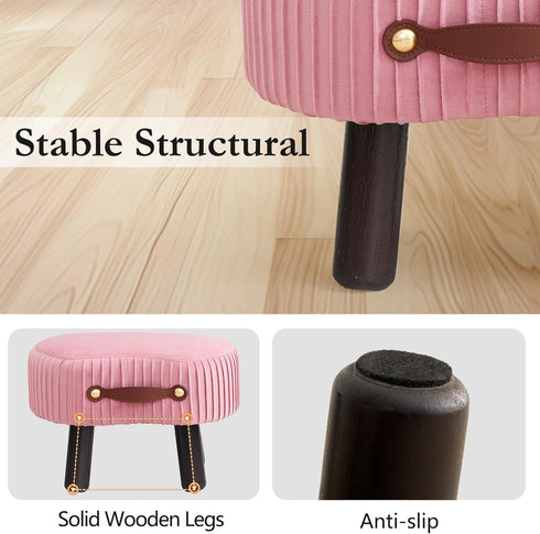 Small Ottoman Foot Rest with Handle, Velvet Footstool with Wooden Legs & Soft Padded Seat, Foot Stool for Living Room