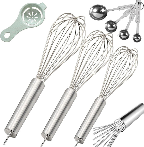 Stainless Steel Whisk Set with Measuring Spoon and 8"+10"+12" Wire Whisk for Cooking, Blending, Baking (5 Pack Silver)