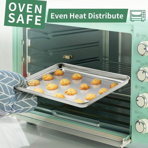 HKJ Chef Baking Sheets Set of 2 - Stainless Steel Cookie Sheets & Toaster Oven Tray Pans, Non Toxic & Easy Clean