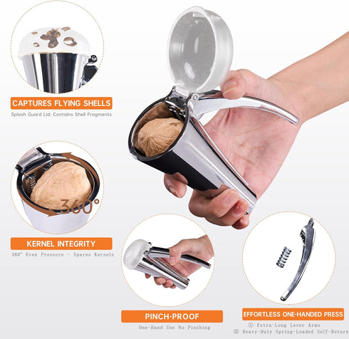 Nutcracker: Effortlessly Cracks Large to Medium Nuts, Heavy Duty Nut Cracker tool with Splash-Proof Clear Lid, Long