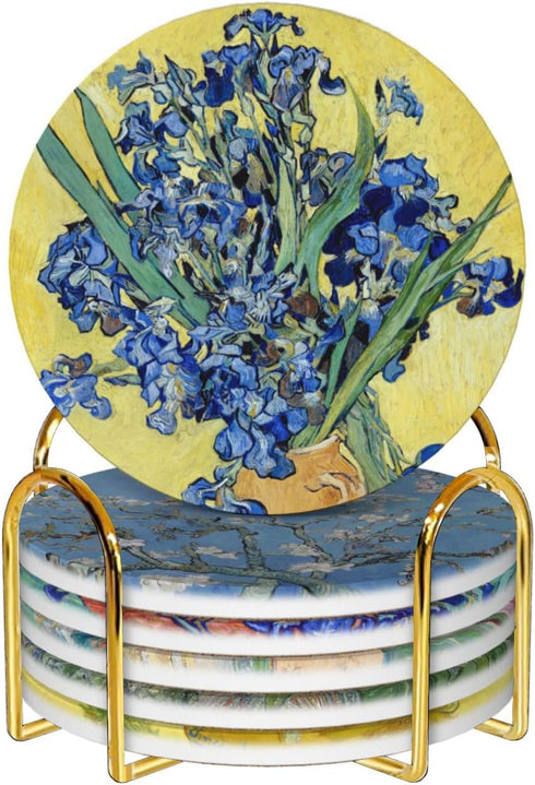 6 Set Van Gogh Drink Coasters with Holder - Ceramic Coaster for Drinks Absorbent with Cork Base and Golden Holder