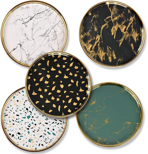 Small Round Black Decorative Tray, Marble Look Jewelry Dish, Makeup Vanity Tray for Dresser