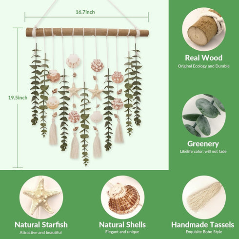 Bathroom Wall Decor Artificial Eucalyptus Boho Bedroom Decor Fake Eucalyptus Plants Leaves with Seashell on Stick