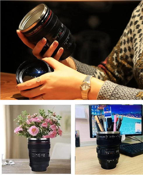 Camera Lens Coffee Mugs, Stainless Steel Lens Cups with Four Leaf Clover Spoon, Novelty Gifts for Photographers
