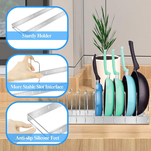 Adjustable Pot and Pan Organizer, Heavy Duty Lid Organizer for Kitchen Storage with 10 Compartments