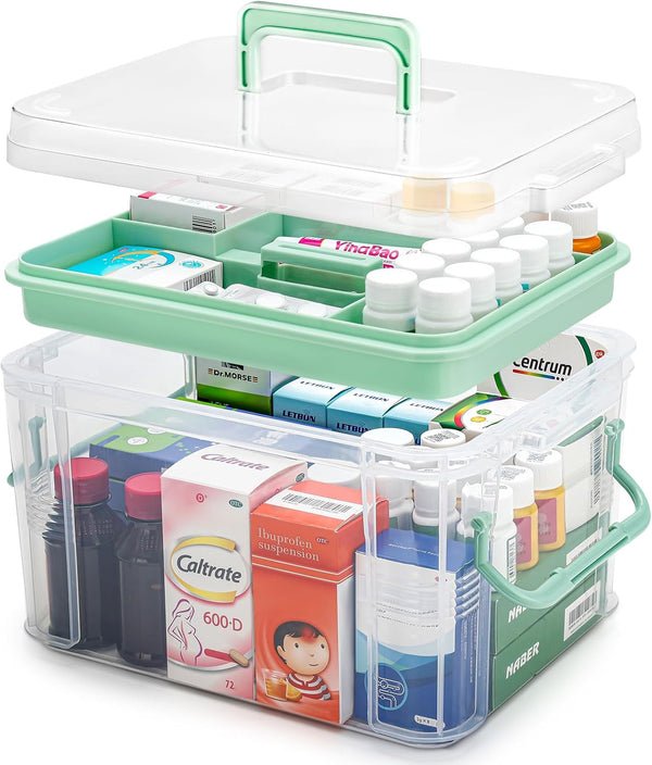 guaiboshi 15QT Clear Medicine Organizer Storage Box with Handle & Tray - Thickened