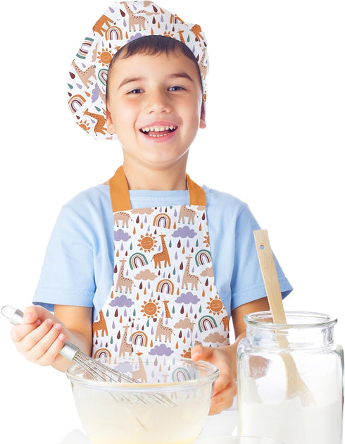 Kids Apron with Pocket & Chef Hat - Water Resistant Toddler Apron for Cooking