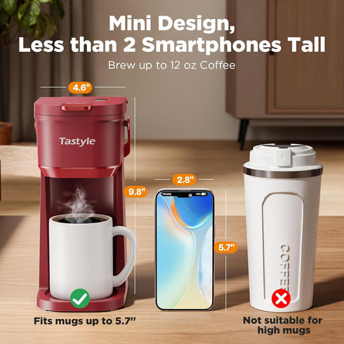 6 12 Oz 120V, Tastyle Single Serve One Cup Coffee Maker, for K Cups and Grounds, Mini Coffee Maker with Portable