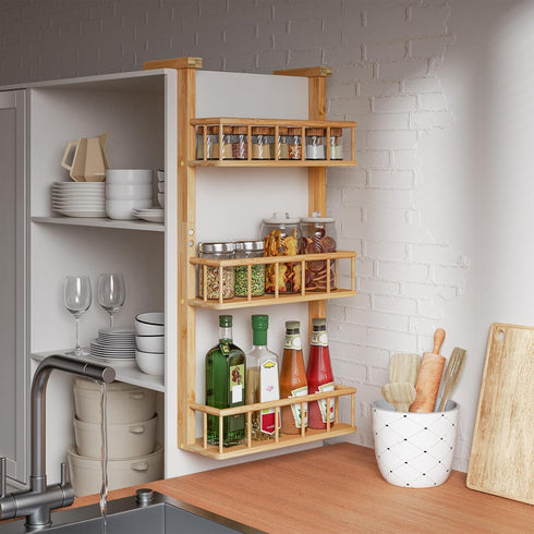 3 Counter Hanging Spice Rack for Refrigerator - Tier Bamboo Kitchen Shelf Organizer for Can Seasoning Storage, Adhesive