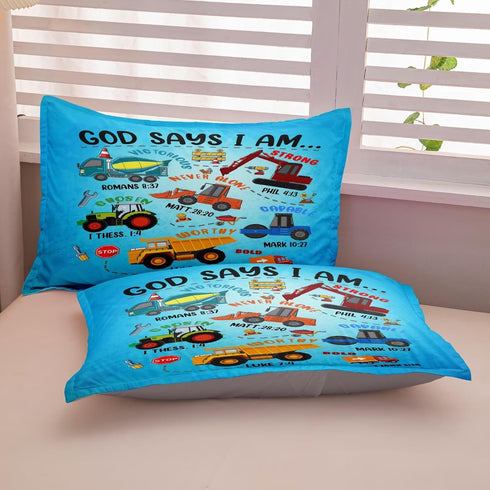 Set Set,Car Set1 2 Boys Construction Vehicles Truck Comforter Twin,Christian Kids God Says I Am Construction Bedding