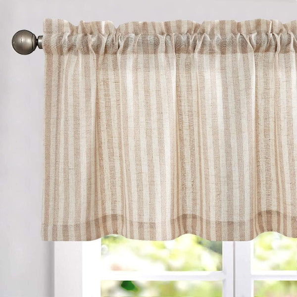 Vangao Kitchen Valance, 18 Inch Linen Stripe Short Curtain, Rustic Pinstripe Tickingstripe Window Topper in Taupe