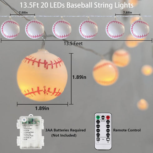 Myhimx 13.5Ft 20 Baseball String Lights Battery Operated, LED Baseball Decor Lights with Timer for Indoor Outdoor