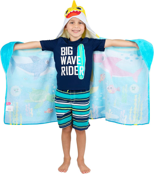 Franco Baby Shark Soft Cotton Terry Hooded Towel Wrap, 24 in x 50 in, Kids Bath/Pool/Beach