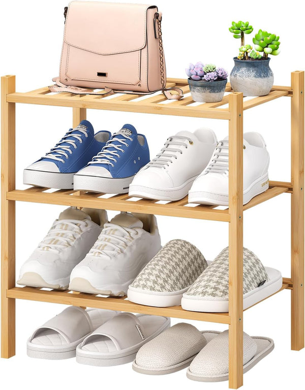 viewcare Small Shoe Rack, 3-Tier Shoe Rack for Entryway, Bamboo Wood Shoe
