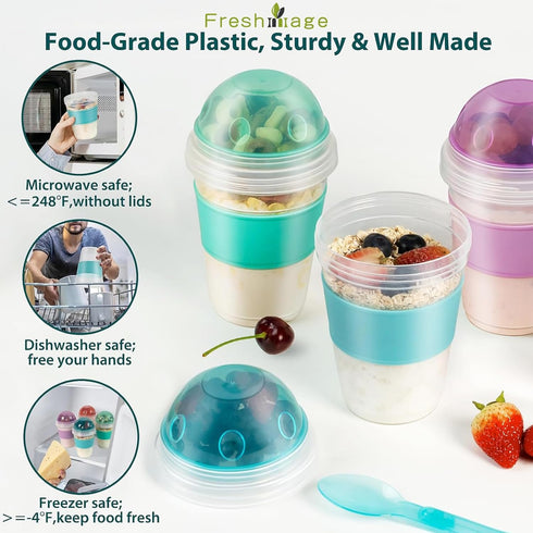 2 Pack 20 oz Freshmage Yogurt Parfait Cups with Lids, Reusable Overnight Oats Containers with Lids, Topping Compartment