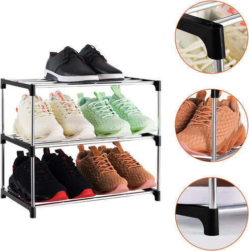 Xerhnan 3-Tier Closet(Black) Stackable Small Shoe Rack, Lightweight Shoe Shelf Storage Organizer for Entryway, Hallway