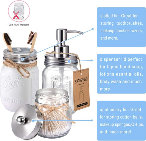 Mason Jar Bathroom Accessories Lids Set (4pcs) - Jars Not Included - Soap Dispenser, Toothbrush Holder, Apothecary Lids