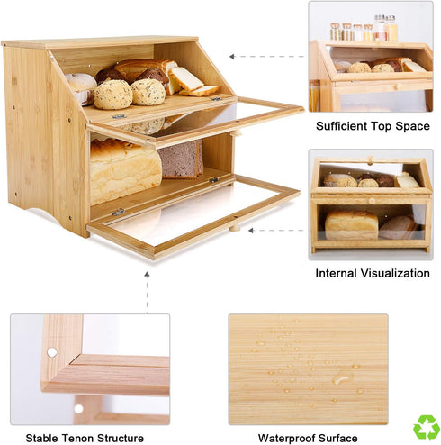 Counter, HOMEKOKO Double Layer Large Bread Box for Kitchen Wooden Large Capacity Bread Storage Bin (Natural Bamboo)