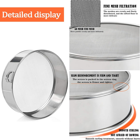 8 Inch Flour Sifter Tamis, Stainless Steel Flour Sieve for Baking Cake, Bread with Dough Scraper