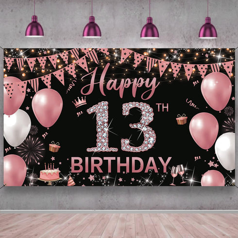 13th Birthday Decorations Backdrop Banner, Happy 13th Birthday Sign for Girls, Rose Gold Photography Background