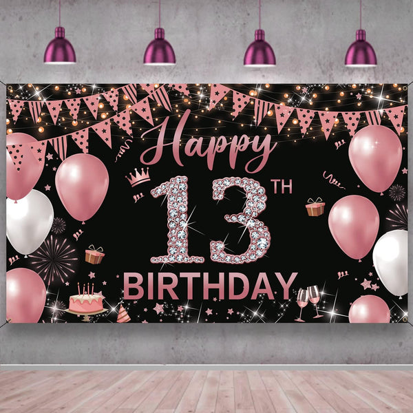 13th Birthday Decorations Backdrop Banner, Happy 13th Birthday Sign for Girls, Rose Gold Photography Background