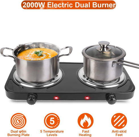 Electric Double Burner 2000W Portable Coil Hot Plate Stove - Countertop RV Hotplate with Non-Slip Rubber Feet