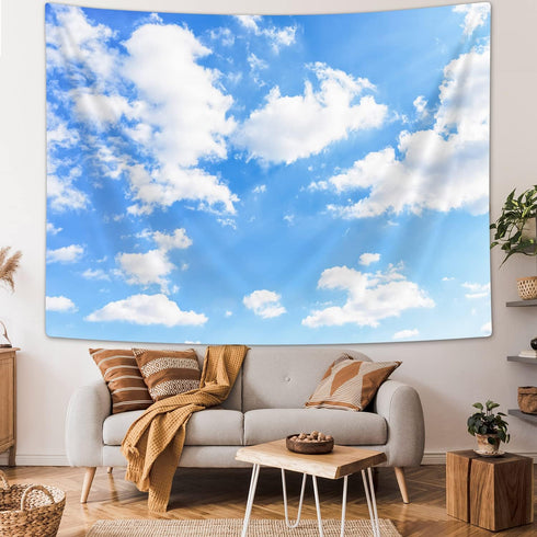 Light Blue Wall Decor Tapestry, Blue Sky White Clouds Natural Landscape Tapestries for Girly Bedroom Living Room