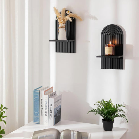 Set 2 Black Boho Candle Sconces Decor: of Wood Mid-Century Wall Candle Holder for Hallway Fireplace Bedroom - Arch Wall
