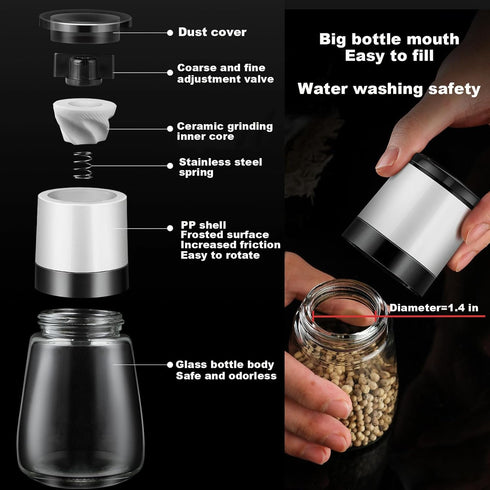 Premium Salt and Pepper Grinder Set of 4, Refillable Manual Salt and Pepper Mill, Adjustable Ceramic, Glass Shaker