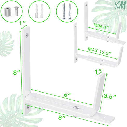 Y&M 4 Pack Adjustable Planter Box Brackets, Heavy Duty Iron Wall Mounting Hooks for Balcony, White