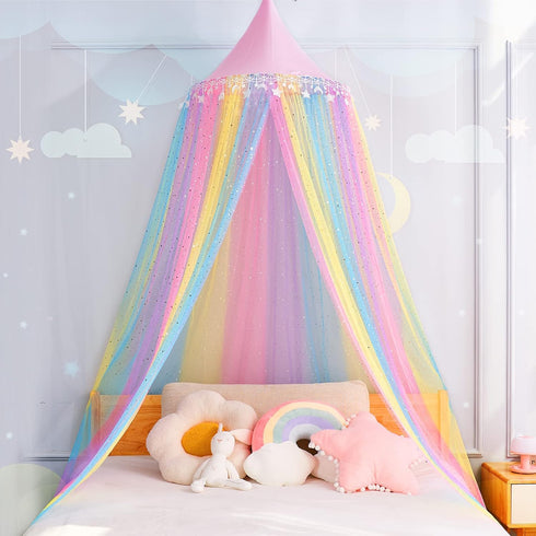Rainbow Bed Canopy for Girls,Shiny Kids Princess Round Dome Bed Curtain with
