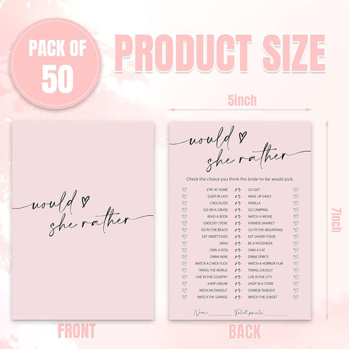50 Whaline Sheets Blush Pink Bridal Shower Game Cards Pink Double Sided Party Game Activity Cards for Would She Rather