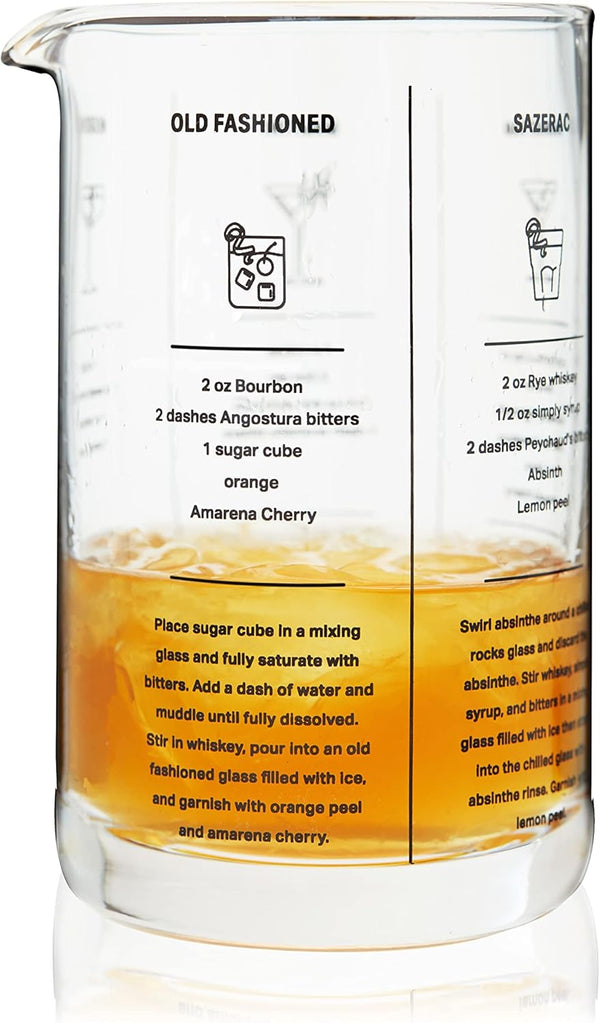 True Mixing Glass Cocktail and Bar Tools: 17 Oz, 1-Piece with Thick Base, Pour Spout, and 5 Printed Recipes