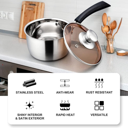 LIANYU 1QT Saucepan with Lid, 1 Quart Stainless Steel Saucepan, Small Pot Milk Soup Pan for Home Kitchen Restaurant, Long Heatproof Handle, Dishwasher Safe by LIANYU